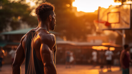 African man wearing undershirt and looking at the basketball hoop - obrazy, fototapety, plakaty