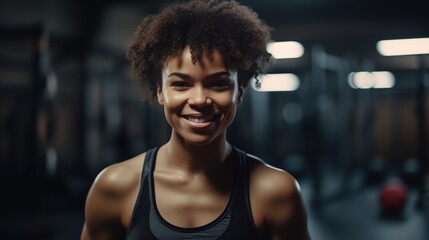 Portrait of smiling black athlete woman at the gym. A close-up of a beautiful athletic black woman. - obrazy, fototapety, plakaty
