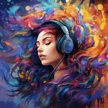 A digital artwork depicting a person releasing stress through creative expression. Vibrant swirls of colors symbolize emotional release, and the scene incorporates elements like music notes