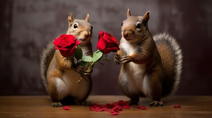 Cute squirrel offering a flower gift to its lover