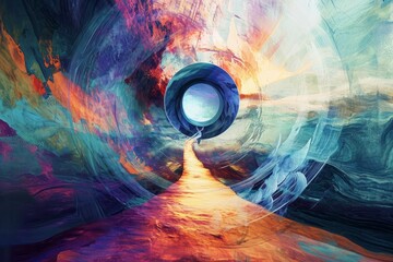 A visually striking digital artwork symbolizing the journey to discover life's purpose. Abstract pathways weave through the composition, leading to key symbols representing personal goals - obrazy, fototapety, plakaty