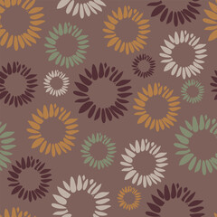 Seamless vector pattern with artistic flower bloom on brown background. Simple floral home decor wallpaper design. Decorative botany fashion textile.
