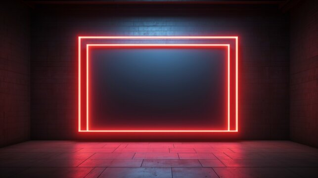 A huge neon sign in form of cube pointing right in huge empty dark space