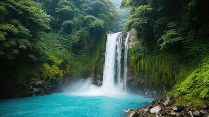 Fototapeta na wymiar A stunning waterfall flowing gracefully amidst a vibrant greenery.