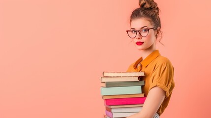 A studious librarian with stylish glasses holding a tall stack of books, ready to provide knowledge and assistance to readers.