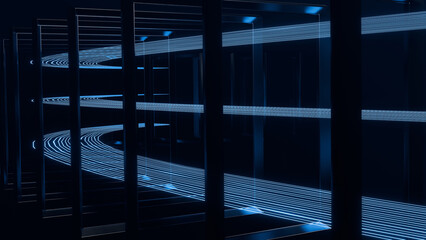 3d wallpaper with light trails in rectangles tunnel, abstract background, backdrop for business or technology banner, 3d render, blue 