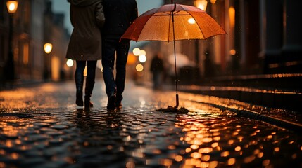 rain on the street with a lovely couple - obrazy, fototapety, plakaty