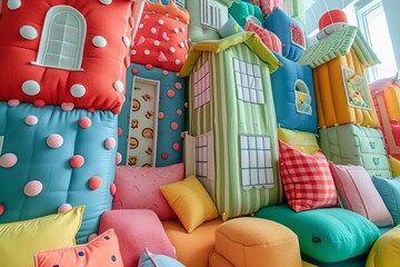 The transformation of vibrant, assorted pillows into charming buildings and houses. The scene is alive with the imagination of children, as the pillows take on the appearance of a whimsical cityscape