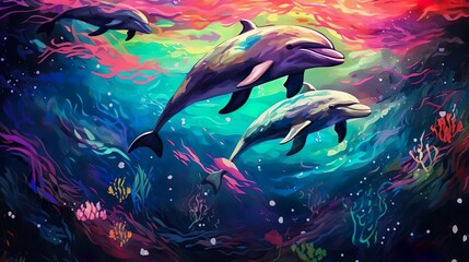 group of dolphins in colorful underwater AI genera