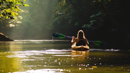 Enjoying a serene kayak ride in lush greenery.