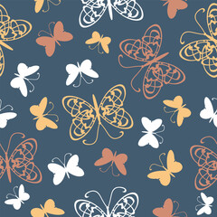 Seamless vector pattern with beautiful butterflies on blue background. Simple happy summer wallpaper design. Decorative gentle butterfly fashion textile.