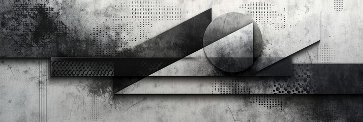 Abstract Monochrome Fusion: A web banner wallpaper background featuring a captivating blend of grey and black design, with one half showcasing intricate mesh patterns and shapes - obrazy, fototapety, plakaty