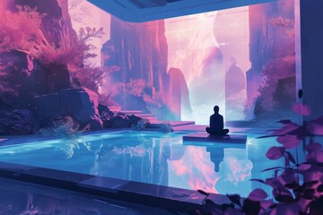 A digital illustration showcasing a futuristic mindfulness retreat, where individuals engage in advanced relaxation techniques. The environment is a blend of nature and technology, with holographic - obrazy, fototapety, plakaty