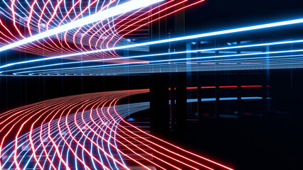 3d wallpaper with light trails in rectangles tunnel, abstract background, backdrop for business or technology banner, 3d render, blue and red