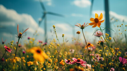 A field of flowers against the background of wind turbines