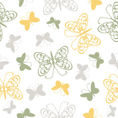 Seamless vector pattern with beautiful butterflies on white background. Gentle romantic summer wallpaper design. Decorative animal fashion textile.