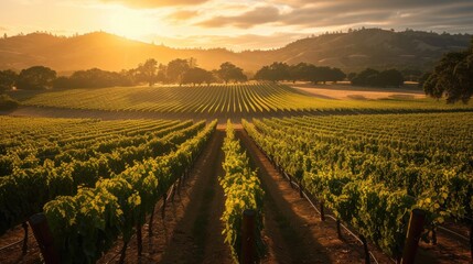 A breathtaking sunset paints a scenic view of a vineyard, with rows of grapevines stretching as far...