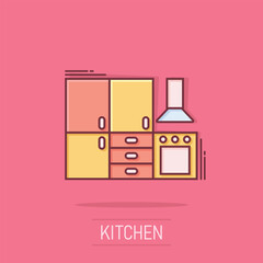 Kitchen furniture icon in comic style. Cuisine cartoon vector illustration on isolated background. Cooking room splash effect business concept.