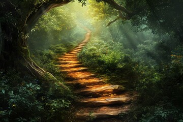 An inspiring poster depicting the journey of personal growth and self-awareness. The concept showcases a path winding through a lush, vibrant forest, symbolizing the individual's developmental journey