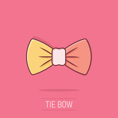 Tie bow icon in comic style. Bowtie cartoon vector illustration on isolated background. Butterfly splash effect business concept.