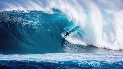 Poster Im Rahmen A surfer gracefully riding a massive wave displaying shades of ocean blues and white foam. © stocker