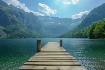 A wooden pier on a mountain lake on a bright sunny day