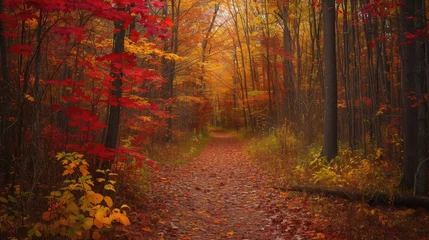 Gordijnen A serene forest pathway immersed in a colorful carpet of autumn leaves. © stocker
