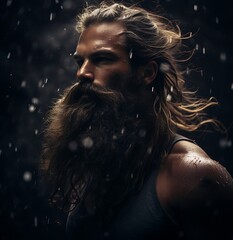 portrait of a handsoem man with lohng beard in the night