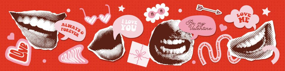 Groovy Valentines day collage elements set. Retro halftone mouth with speech bubbles and funny quote. design elements. Open speaking lips. Pop art dotted style. Vintage newspaper parts. Vector - obrazy, fototapety, plakaty