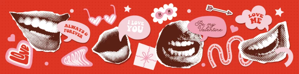 Foto op Aluminium Groovy Valentines day collage elements set. Retro halftone mouth with speech bubbles and funny quote. design elements. Open speaking lips. Pop art dotted style. Vintage newspaper parts. Vector © LanaSham