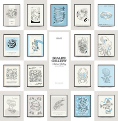 Underwater world, ocean, sea, fish and shells vertical flyer or poster template. Modern trendy Matisse minimal style. Hand drawn design for, wall decor, print, postcard, cover, template, banner.