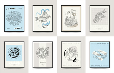 Underwater world, ocean, sea, fish and shells vertical flyer or poster template. Modern trendy Matisse minimal style. Hand drawn design for, wall decor, print, postcard, cover, template, banner.