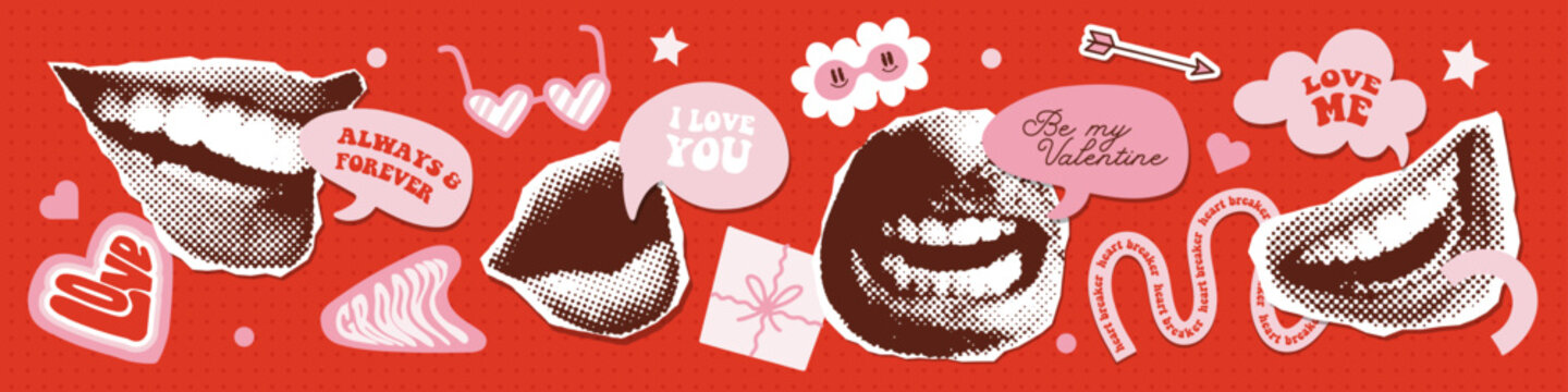 Groovy Valentines day collage elements set. Retro halftone mouth with speech bubbles and funny quote. design elements. Open speaking lips. Pop art dotted style. Vintage newspaper parts. Vector