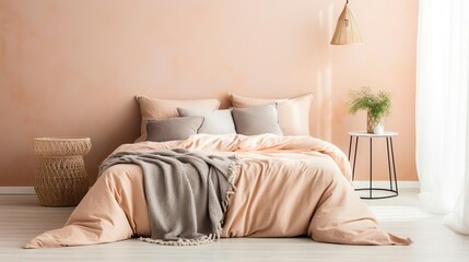 A comfy bedroom with a bed dressed in soft peach - obrazy, fototapety, plakaty