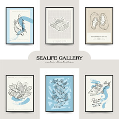 Underwater world, ocean, sea, fish and shells vertical flyer or poster template. Modern trendy Matisse minimal style. Hand drawn design for, wall decor, print, postcard, cover, template, banner.