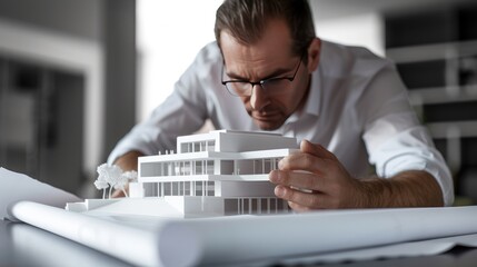 An architect holding blueprints and analyzing a building design.