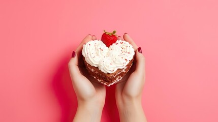 a person holding a heart shaped cake with whipped