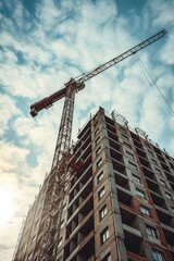 A crane lifts bricks to a height for the construction of a high-rise building. photograph of a construction site against a blue sky