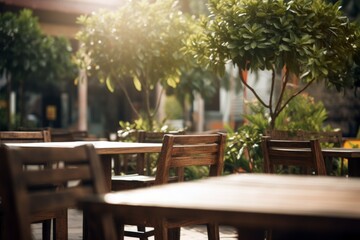 Outdoor seating in the modern cafe, wooden tables and chairs on a sunny day, European chic