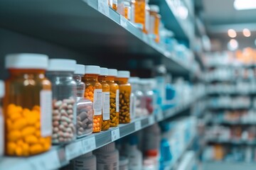 Pharmacy shelves with medicines jars with pills and bottles with medicines, pharmaceutical concept - obrazy, fototapety, plakaty