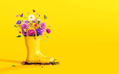 Yellow rubber boot full of colorful spring flowers with butterflies and bees on vibrant yellow background with copy space. Spring is here concept banner. 3D Rendering, 3D Illustration