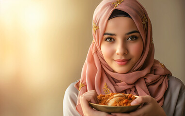 Muslim girl with some elements of Ramadan and lamp
