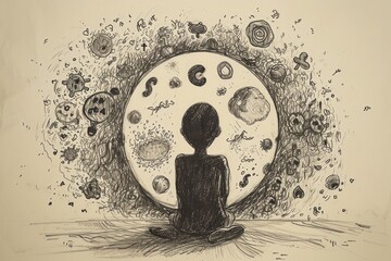 A heartwarming sketch illustrating the development of emotional intelligence for harmonious relationships. The scene features a person engaging in reflective activities, surrounded by symbols - obrazy, fototapety, plakaty