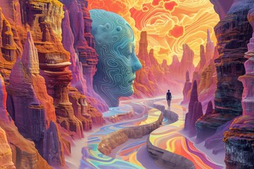 A digital illustration portraying the emotional intelligence journey, with the central figure navigating through a landscape of emotions. Various emotional states are represented as vibrant landscapes - obrazy, fototapety, plakaty