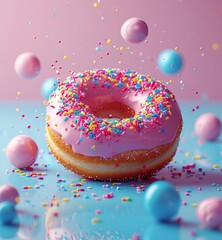 donut with pink frosting and colorful sprinkles, floating spheres