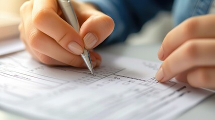A detailed close-up of a person diligently filling out a bank deposit slip.
