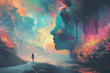 A digital illustration portraying the emotional intelligence journey, with the central figure navigating through a landscape of emotions. Various emotional states are represented as vibrant landscapes