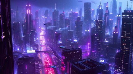 A futuristic cityscape featuring sleek high-rise buildings that glisten under the night sky.