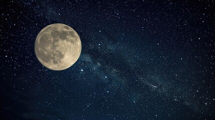 Naklejka na ściany i meble A breathtaking night sky adorned with glittering stars under a luminous full moon.