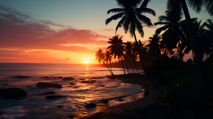 Sunset or sunrise orange landscape view of the coast